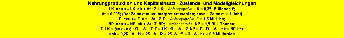 Textfeld: Zustands- und Modellgleichungen zur Teilstruktur "Nahrungproduktion und Kapitaleinsatz" 
LK_neu <-- LK_alt + Δt  Z_LK;   Anfangsgre  LK = 0,25  Billionen ; Δt = 0,005; (Der Zeittakt muss interpretiert werden; etwa 1 Zeittakt von 0,005 = 1 Jahr) 
F_neu <-- F_alt + Δt  Z_F;   Anfangsgre  F = 1,5 Mill. ha; 
NP_neu <-- NP_alt + Δt  Z_NP;   Anfangsgre  NP = 1,5 Bill. Tonnen; 
Z_LK = (enk - nk)  f1    Λ    Z_F = LK  f2    Λ    Z_NP = F  f3    Λ    nk = NP / bz
enk = 0,26   Λ   f1 = 25   Λ   f2 = 25  Λ   f3 = 2   Λ   bz = 6,8 Milliarden 