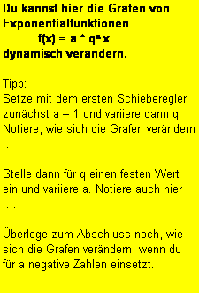 Textfeld: Du kannst hier die Grafen von Exponentialfunktionen 
          f(x) = a * q^x  
dynamisch verndern. 

Tipp: 
Setze mit dem ersten Schieberegler zunchst a = 1 und variiere dann q. Notiere, wie sich die Grafen verndern ...

Stelle dann fr q einen festen Wert ein und variiere a. Notiere auch hier ....

berlege zum Abschluss noch, wie sich die Grafen verndern, wenn du fr a negative Zahlen einsetzt. 